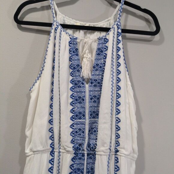 Dex Womens Embroidered Mini Sundress Size Large White Blue Boho Tassel Summer - Picture 2 of 10